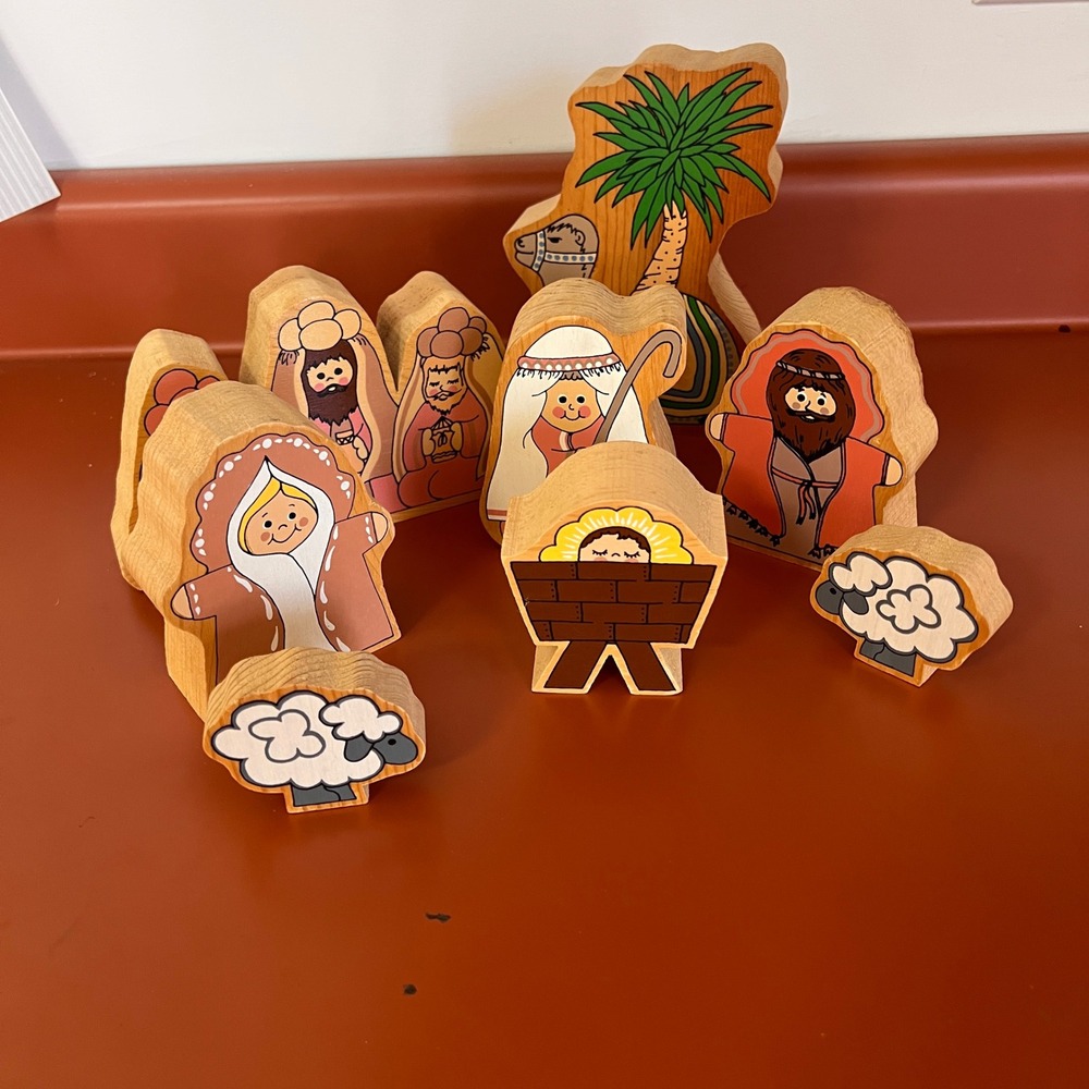 Vintage Wooden Nativity Set 8 Piece Block Figures Christmas Decor Mary Joseph